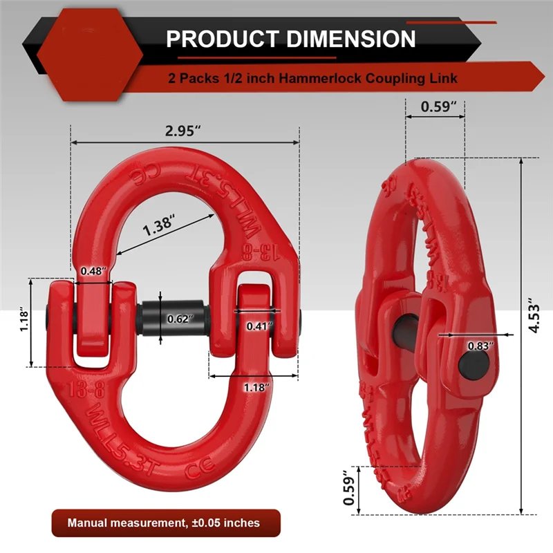 Exquisite-Safety Chain Connector Link, 1/2IN Tow Hitch Hammerlock Coupling Link, 2 Pack G80 Alloy Steel Tow Chain Connector