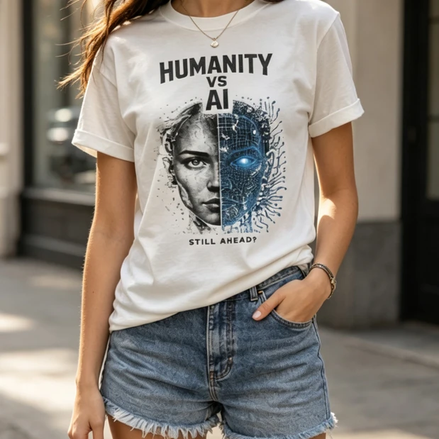 Humanity Vs AI Still Ahead Tshirt Cyber Robot Half Face Graphic Print Tees Artificial Intelligence Casual Unisex Short Sleeve