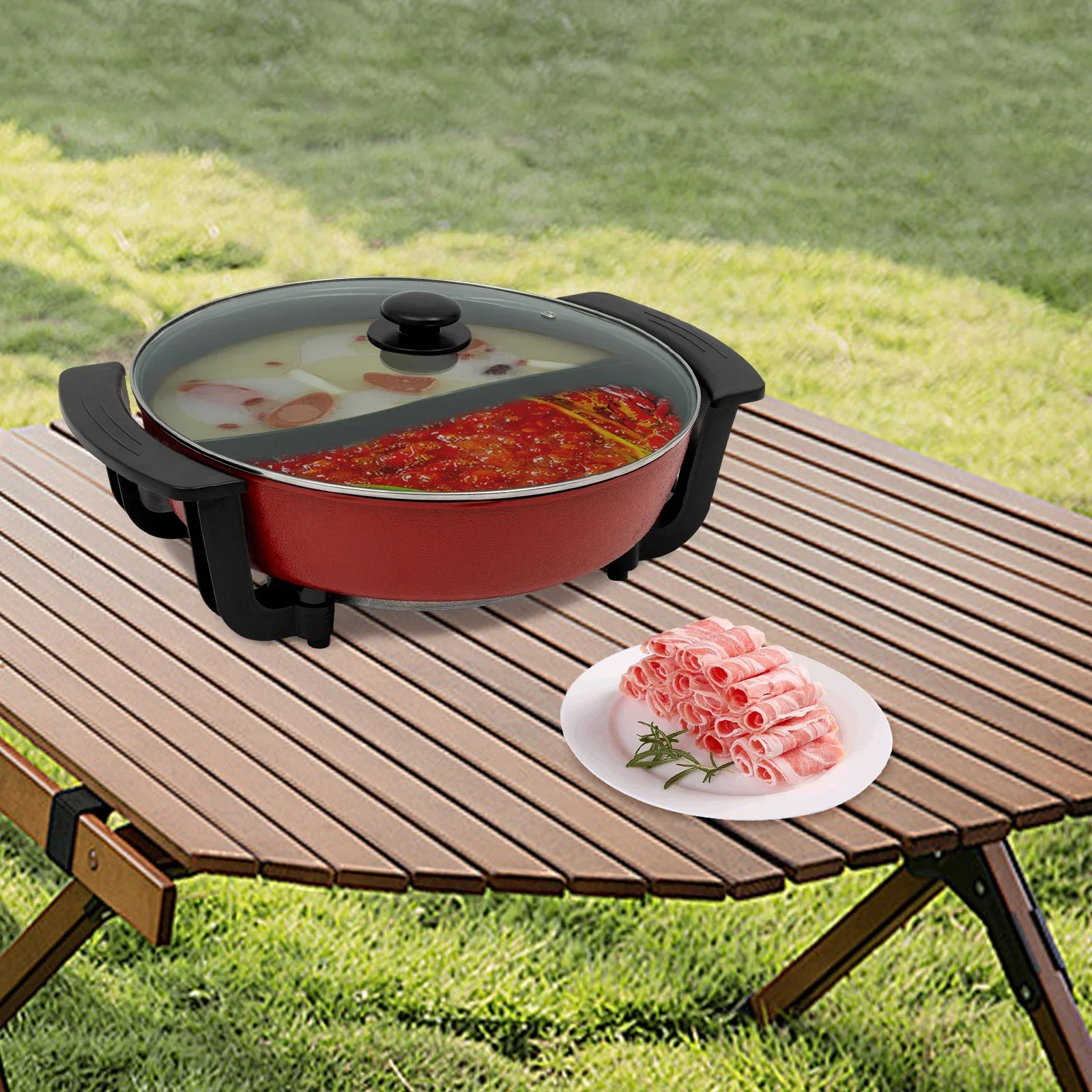 Olla Eléctrica de 1360W y 220V con Separador y Tapa de Vidrio, Olla China para Fondue de 6L con 5 Niveles de Temperatura Ajustables