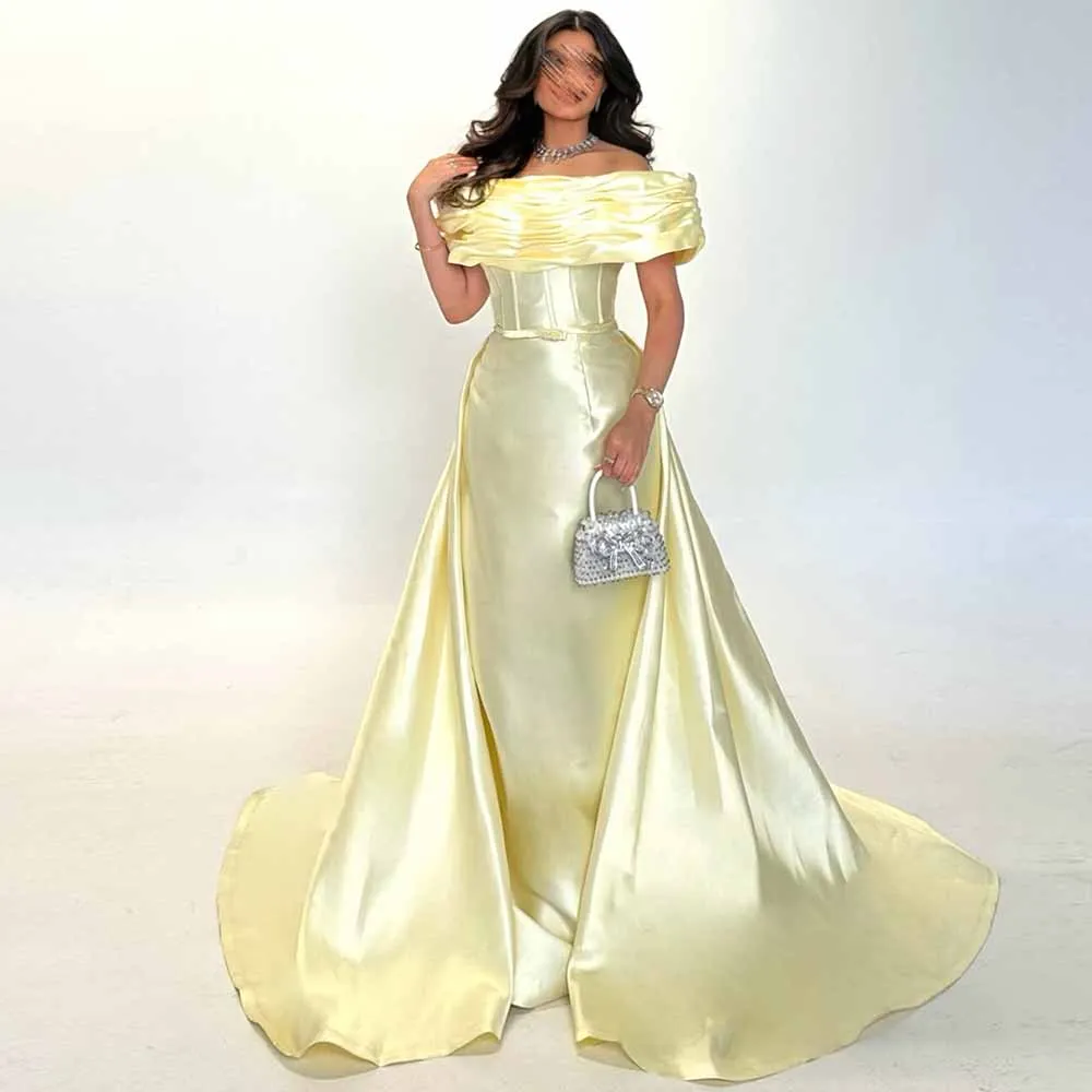 

Formal Women's Evening Ball Gowns Satin Column Celebrity Dress Pale Yellow Off-the-shoulder Off-the-shoulder Tailing Prom Dress