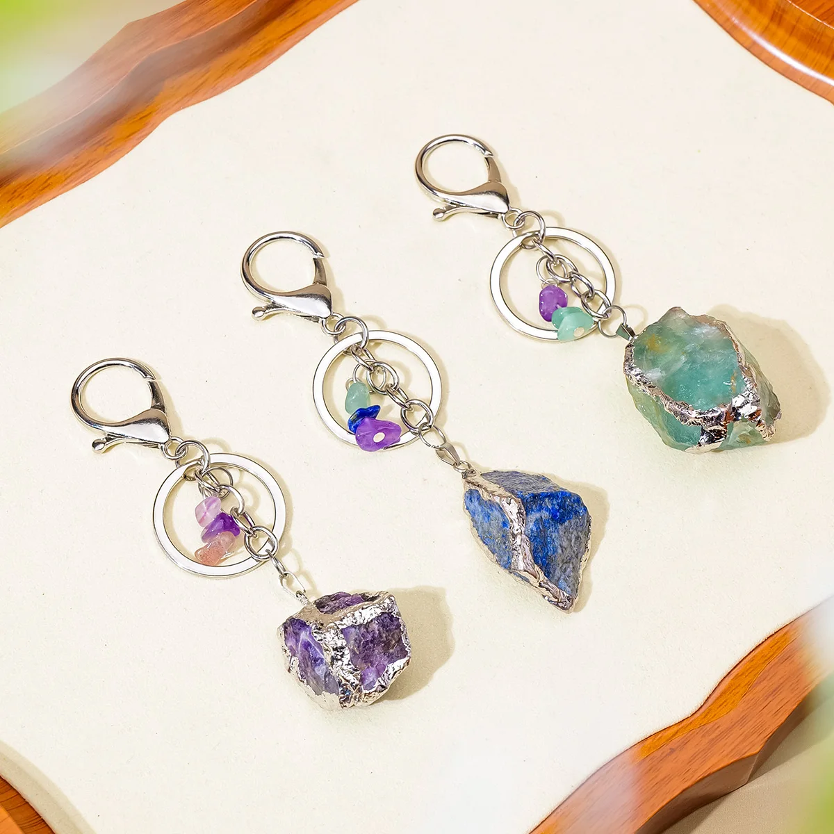 1PC Natural Gemstone Keychains | Clear Quartz Rough Stone & Amethyst Key Chain, DIY Car Key Ring, Perfect Father & Mother's Day