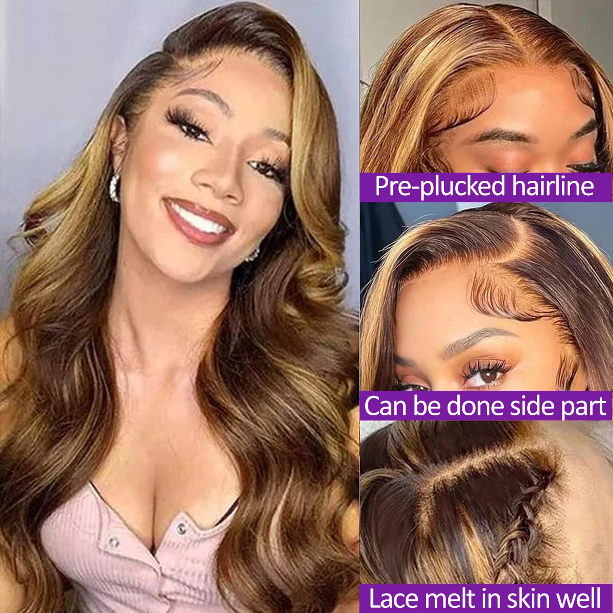 Körperwelle Highlight Ombre Honigblond P4/27, farbige Perücke, 13 x 4 transparente Spitzenfront-Echthaarperücke, vorgezupft, 3 Tage Lieferung – Detail 2