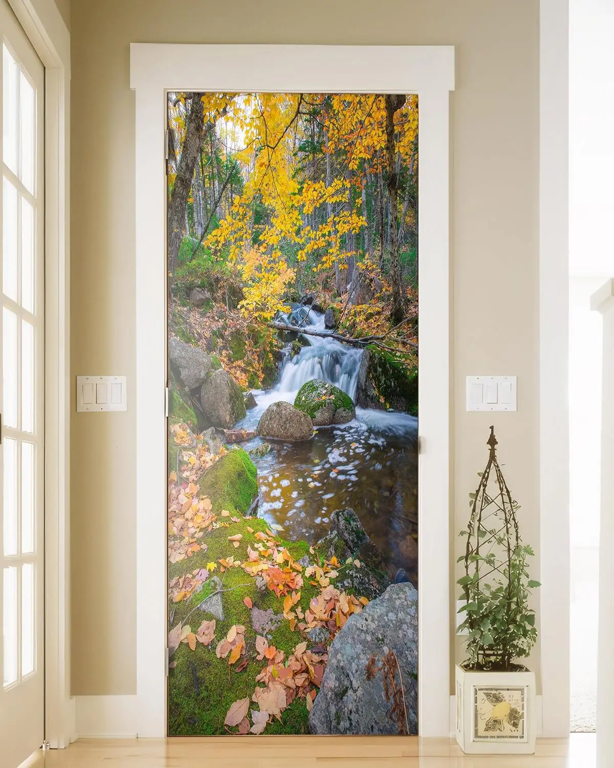 Autumn Forest Waterfall Door Sticker Nature Stream Wall Decal Self-Adhesive Removable Mural Home Decor Art for Living Room