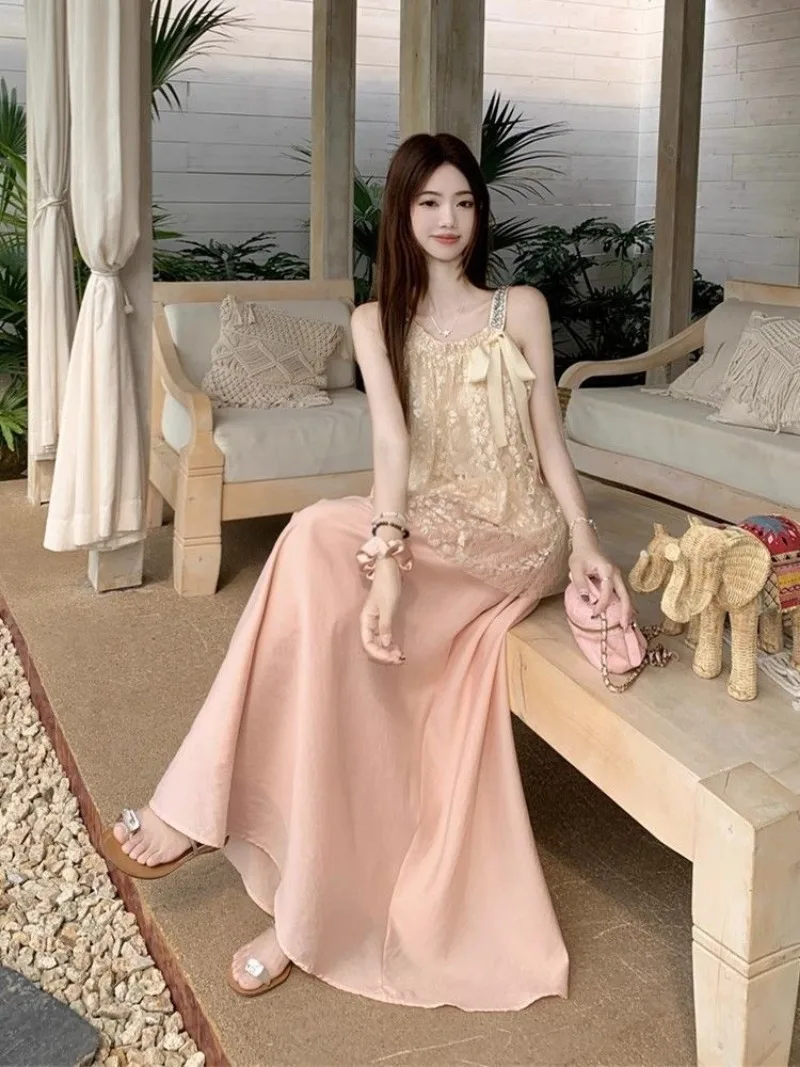 

Новые французские милые летние комплекты с юбкой, женские элитные элегантные дизайнерские кружевные майки без рукавов + длинные юбки трапециевидной формы, комплект из двух предметов