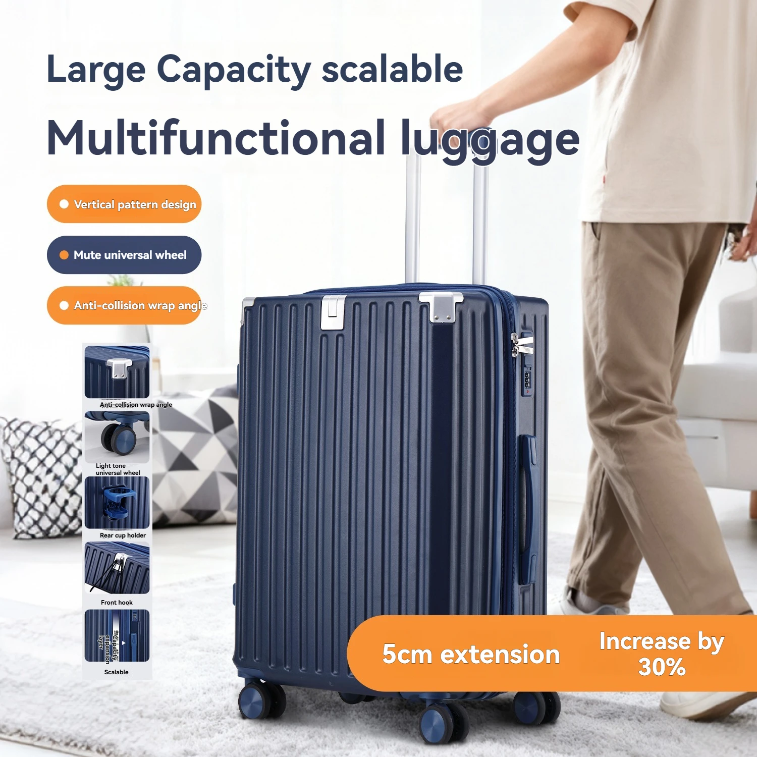 Large-Capacity Expandable Trolley Suitcase, Multifunctional Luggage with Anti-Collision Corner Protectors, Cup Holder, Double Compartments, Front Hook, Silent Universal Wheels, Suitable for Business Trips, Outdoor Activities, School, Vacations, Etc