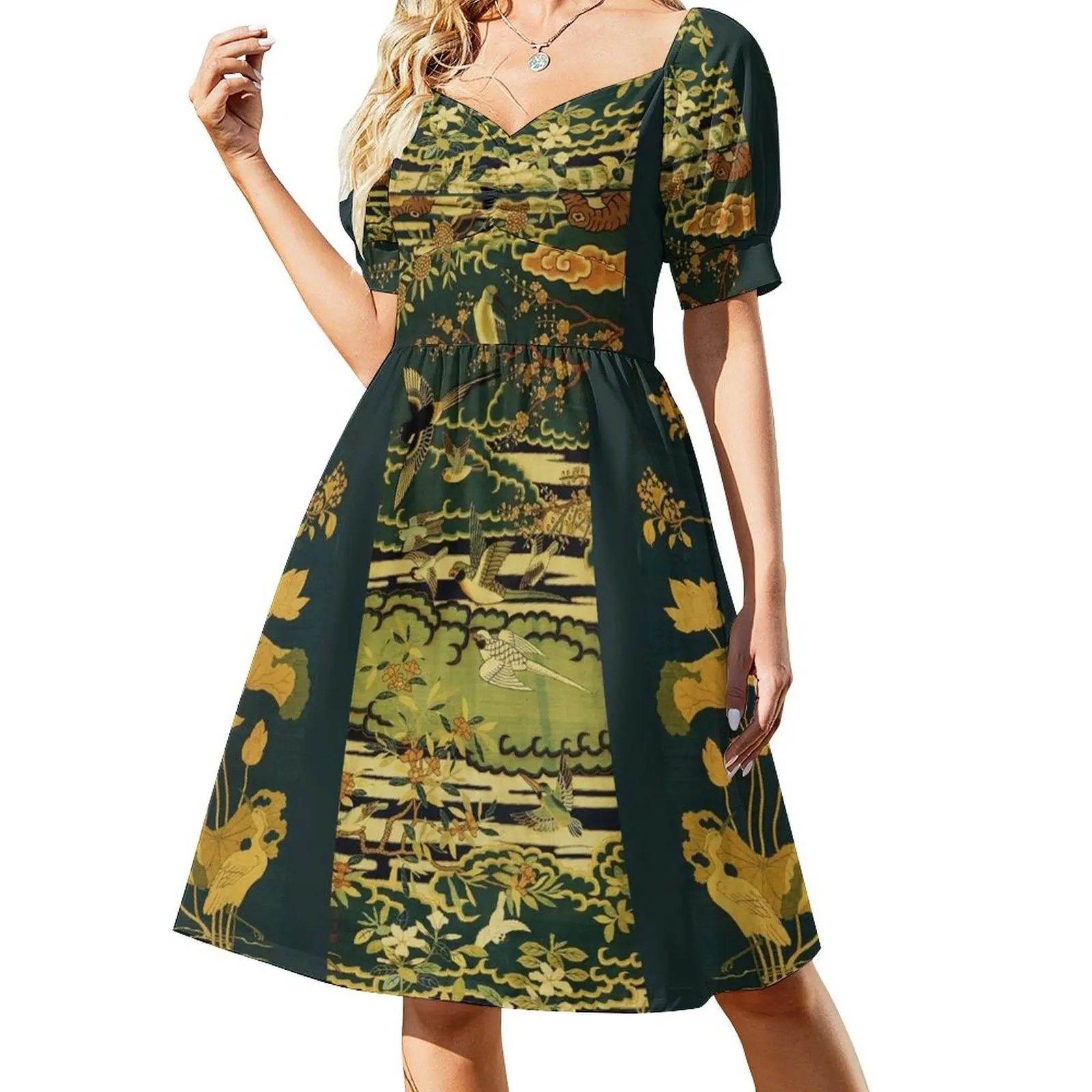 

Birds,Phoenix Flowering Tree Branches Against Clouds,Egret,Lotus,Green Gold Yellow Floral Short Sleeved Dress