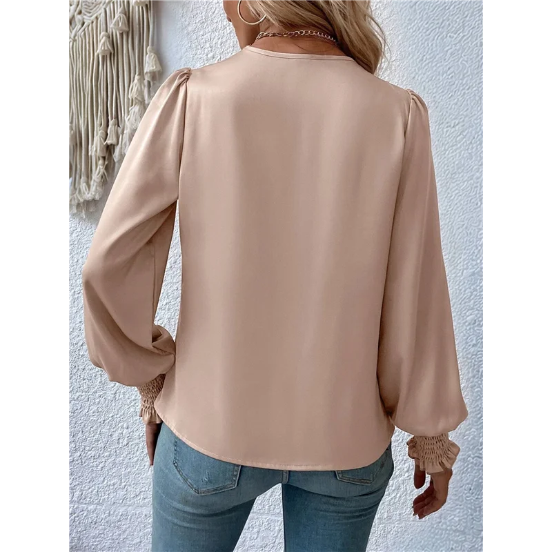 

AG-Women's Elegant V-Neck With Lantern Sleeves Temperament Commuting Solid Color Shirt Top