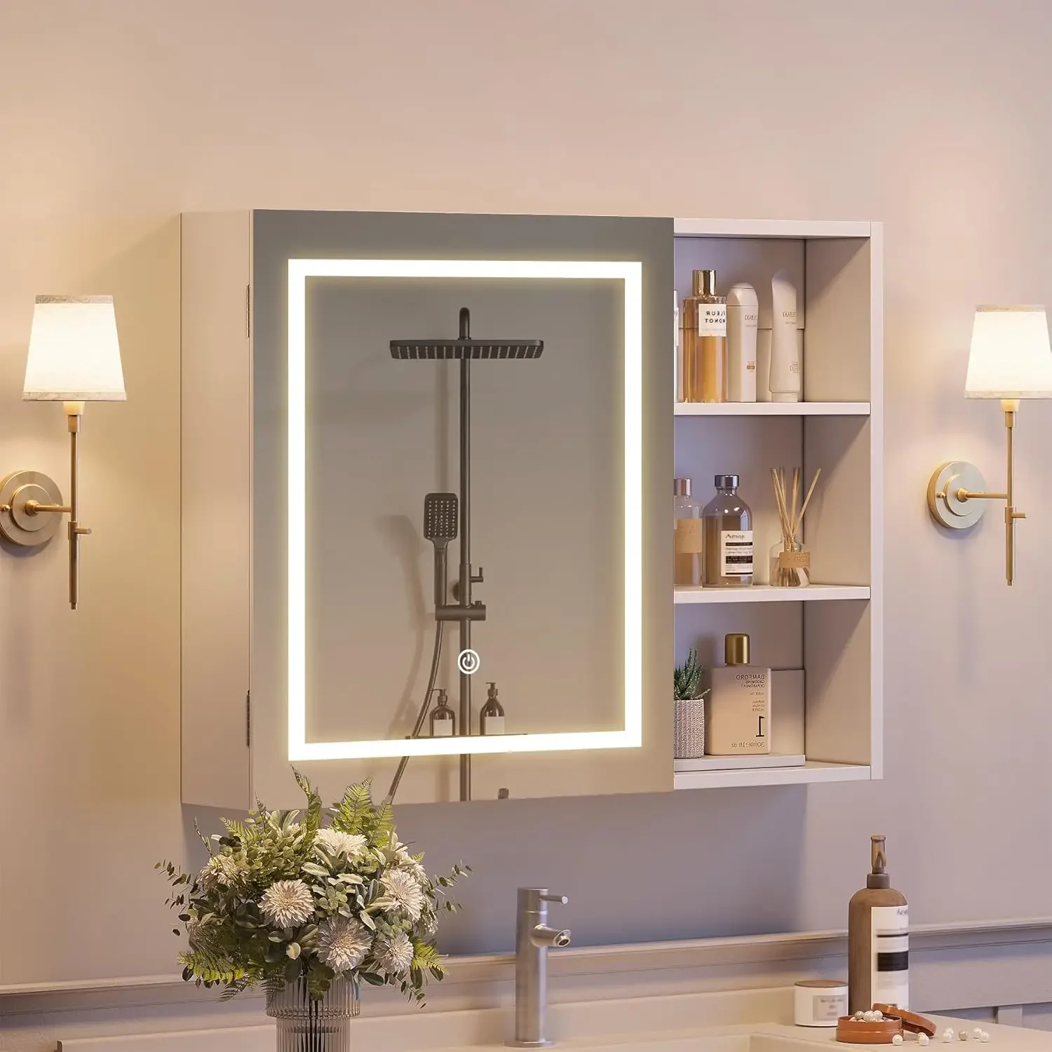 

32" W x 24" H Bathroom Wall Mounted Medicine Storage Cabinet, Medicine Cabinet Mirror with Lights & Storage Tempered, Over The B