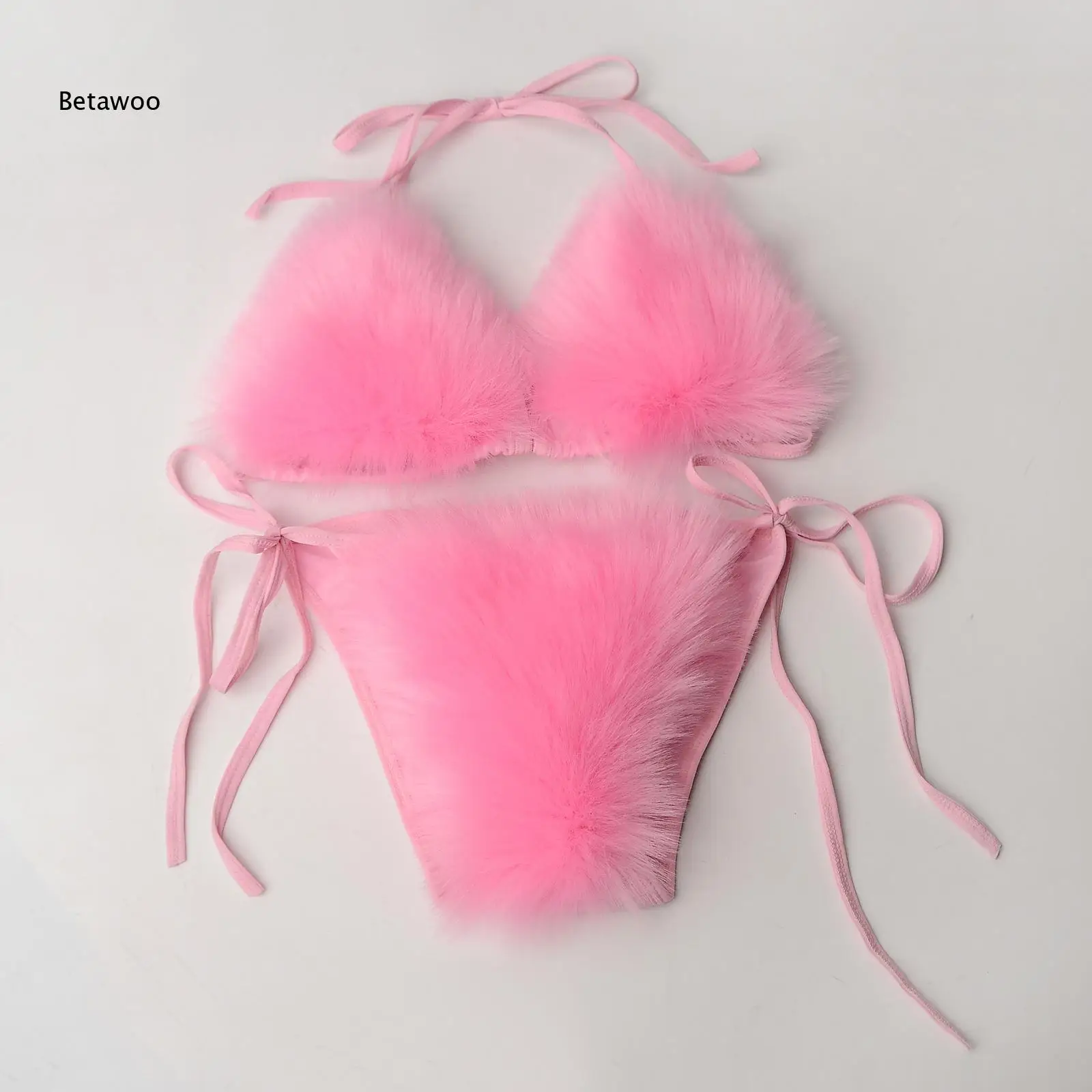 Fluffy Furry Decor Halter String High Cut Two Piece Swimwear