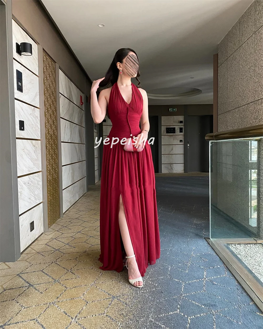 カスタマイズされた中国風シフォンドレーププリーツAラインホルターロングドレスオーダーメイドオケージョンドレスクラシックレトロエレガントマッチング