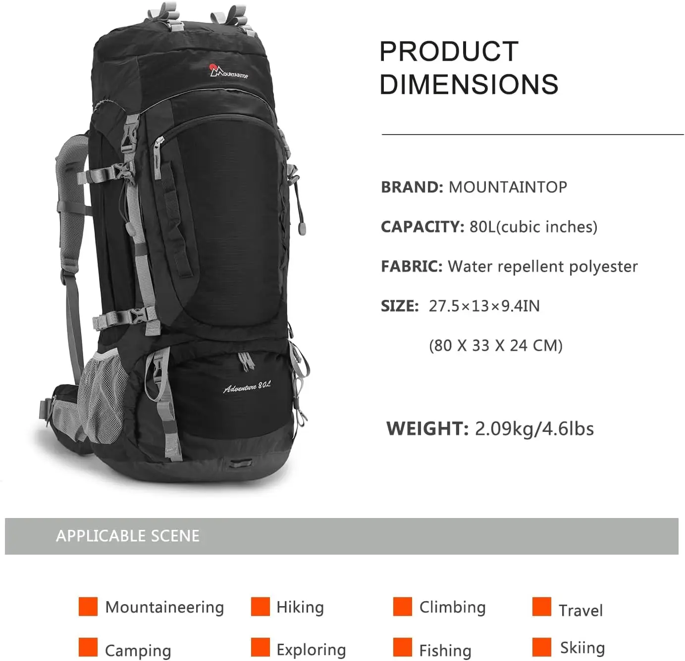 MOUNTAINTOP 80L Internal Frame Backpack for Man & Women Backpacking Hiking Backpack with Rain Cover