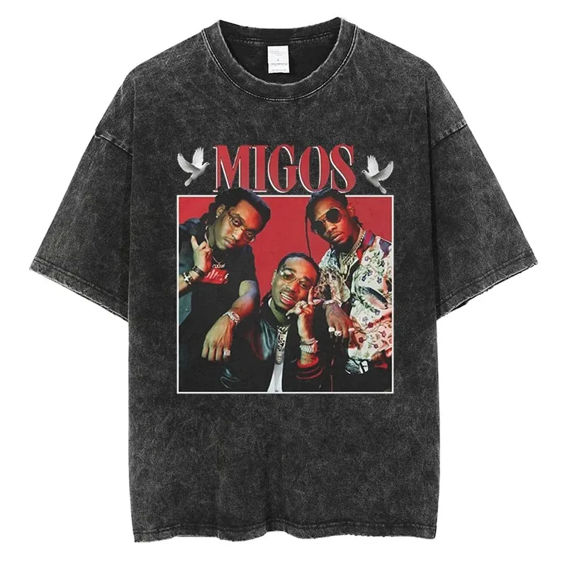 Vintage Migos T Shirt American Fashion Men Women Hip Hop Rpa Streetwear Tops Quality Cotton Oversized Black Short Sleeve Tees