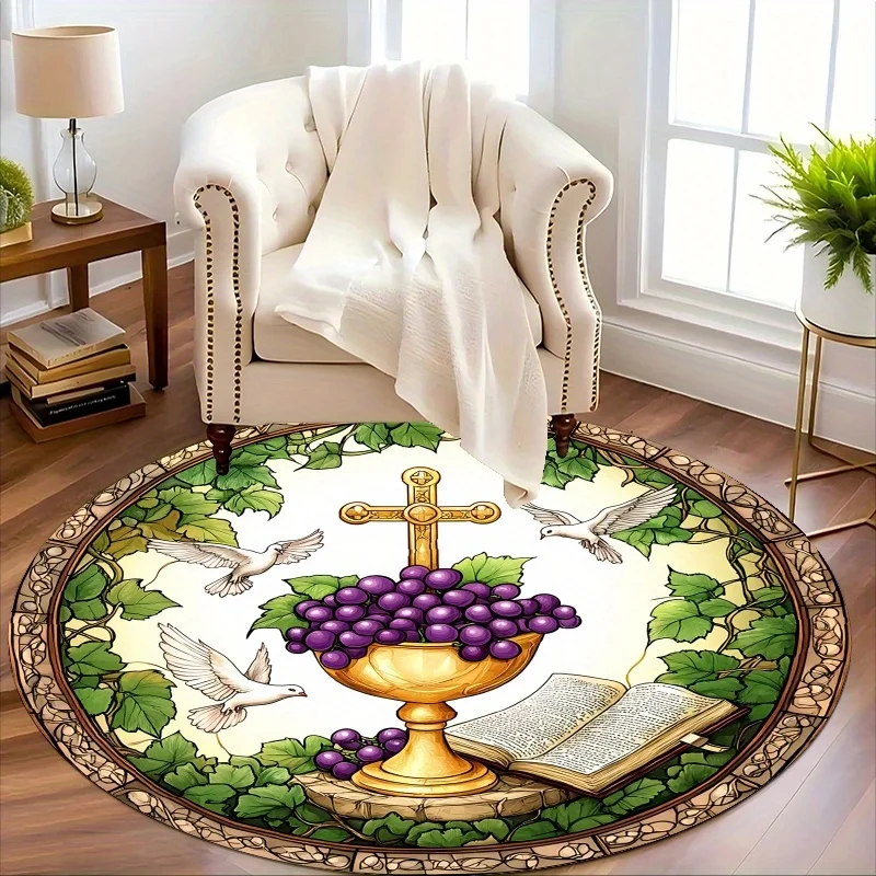 Grape Dove Cross Flannel-printed round floor mats are slip-resistant Suitable for living room bedroom terrace garden carpets
