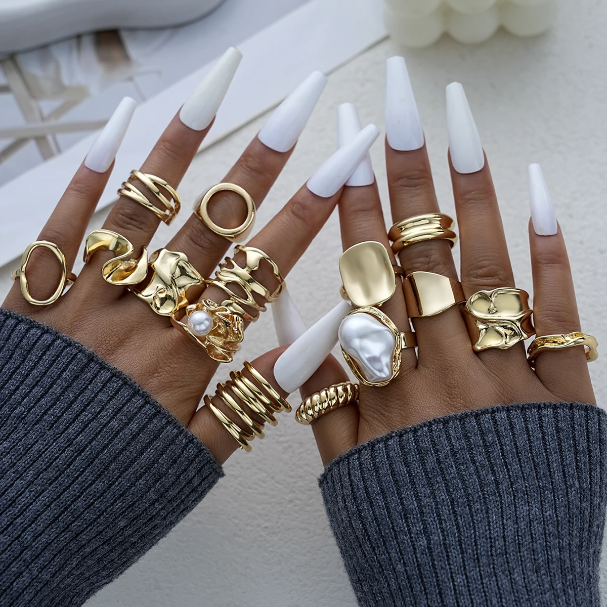 Fashion Gold Plated Irregular Pearl Ring Set for Women Vintage Stackable Wave Twist Geometric Rings Aesthetic Jewelry Gifts 2026