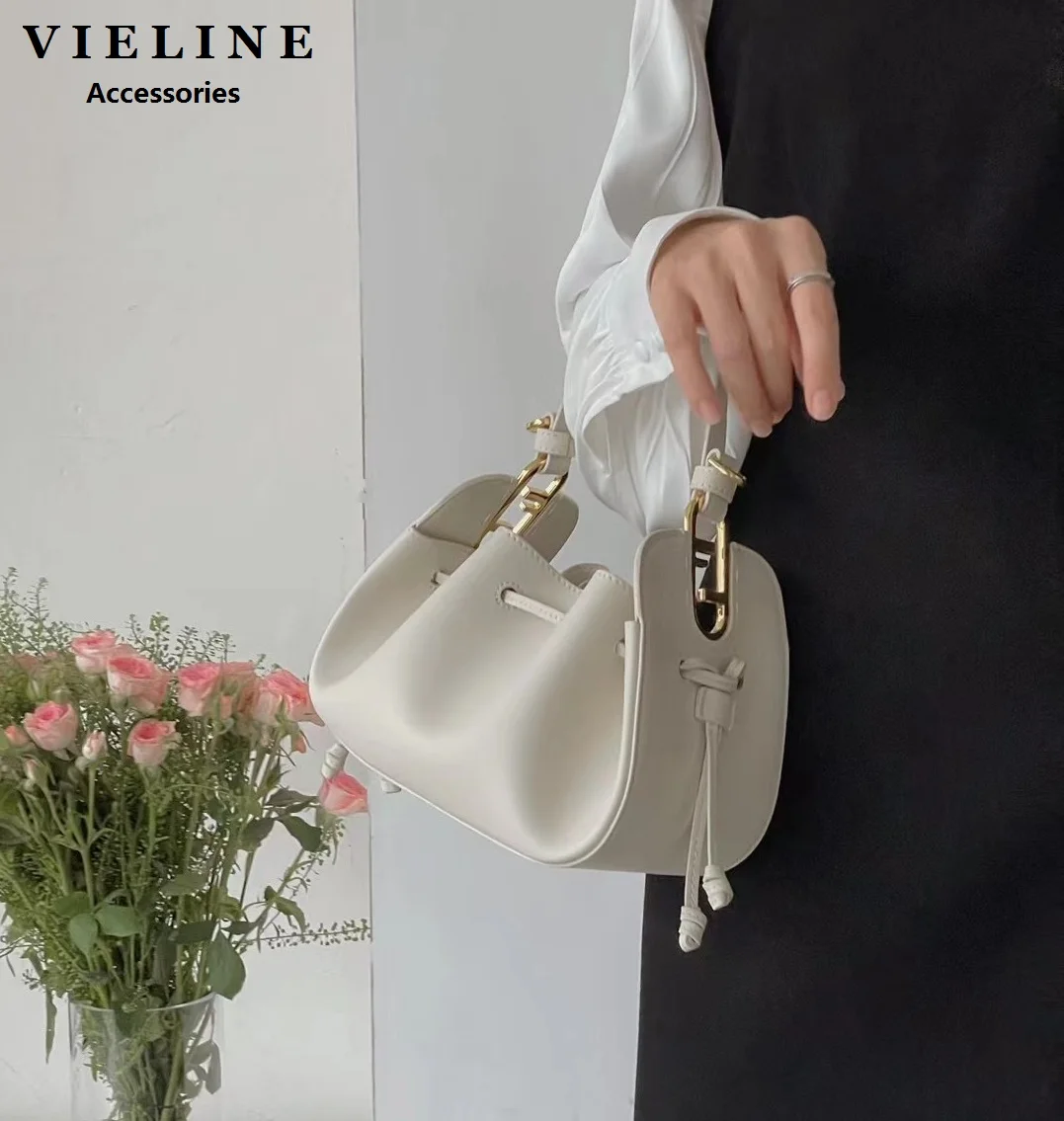 VIELINE New Women\'s String Bucket Bag One Shoulder Handbag String Design Ladies Underarm Bag