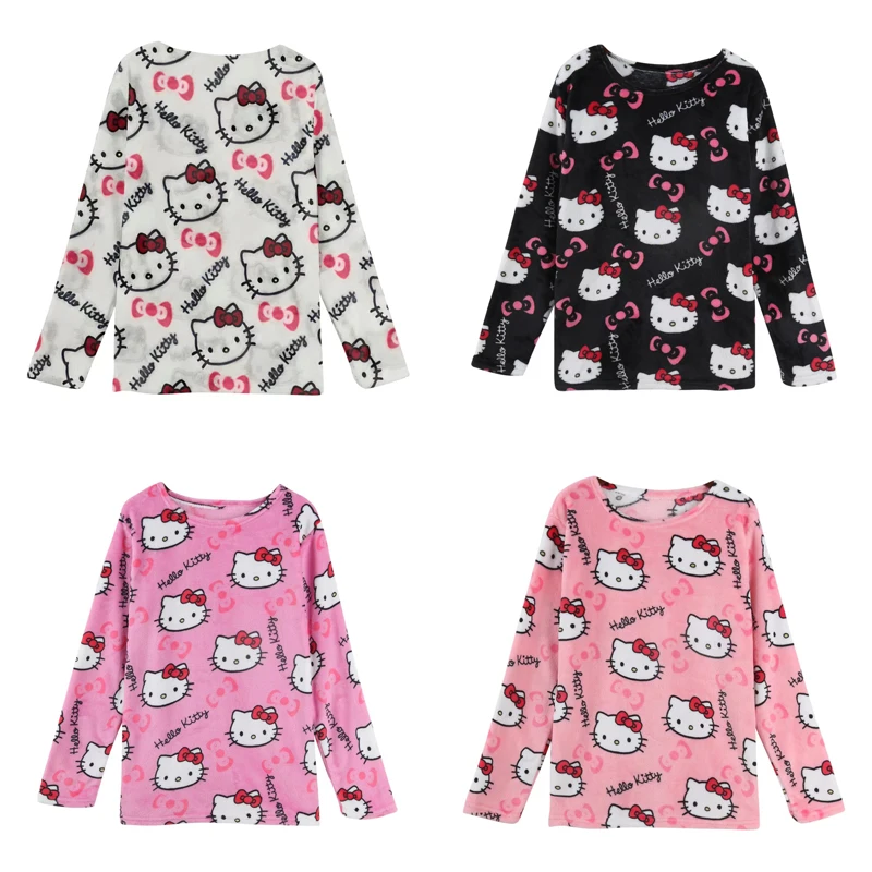 Sanrio Hello Kitty Printed Long Sleeved Pajamas Thick Coral Fleece Autumn and Winter Homewear Casual Flannel Top Women Gift