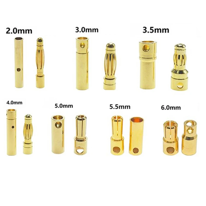 

Banana Plug 2.0mm 3.0mm 3.5mm 4.0mm Bullet Female Male Connector 5.0mm 5.5mm 6mm 6.5mm 8mm Brass Plated Copper RC Parts