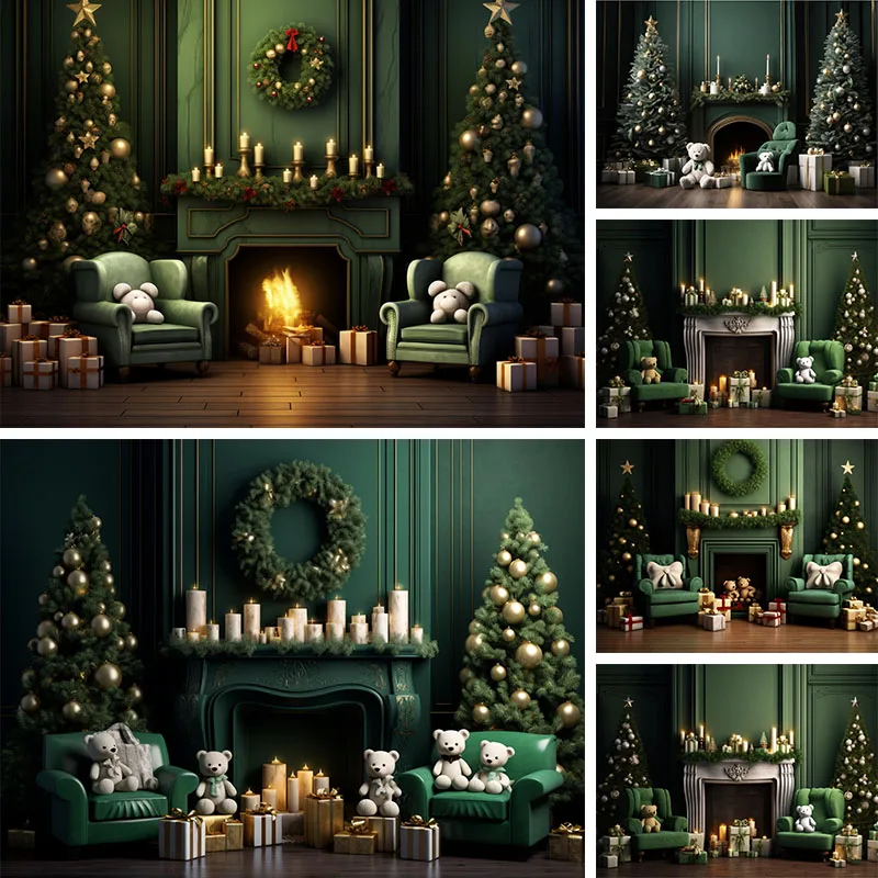 

Mocsicka Photography Backdrop Winter Christmas Green Fireplace Bear Xmas Tree Kids Family Portrait Decor Background Photo Studio