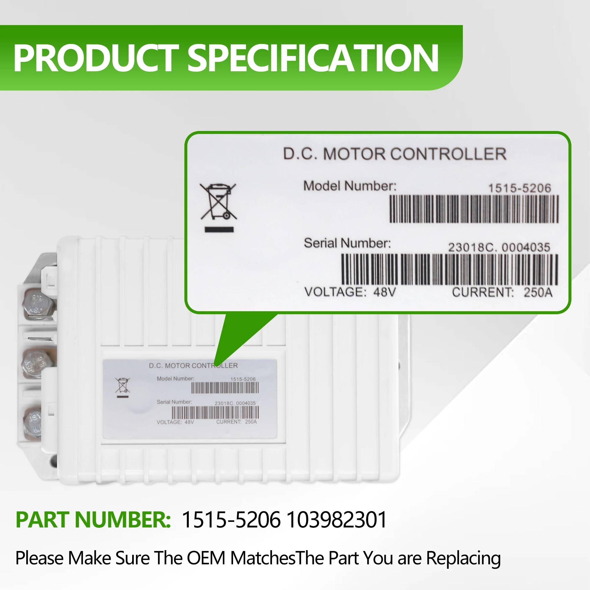 1515-5206 48V 250A DC Motor Speed Controller OEM 103982301 for Curtis Club Car Precedent EXCEL w/ERIC Charging 2008-UP Golf Cart