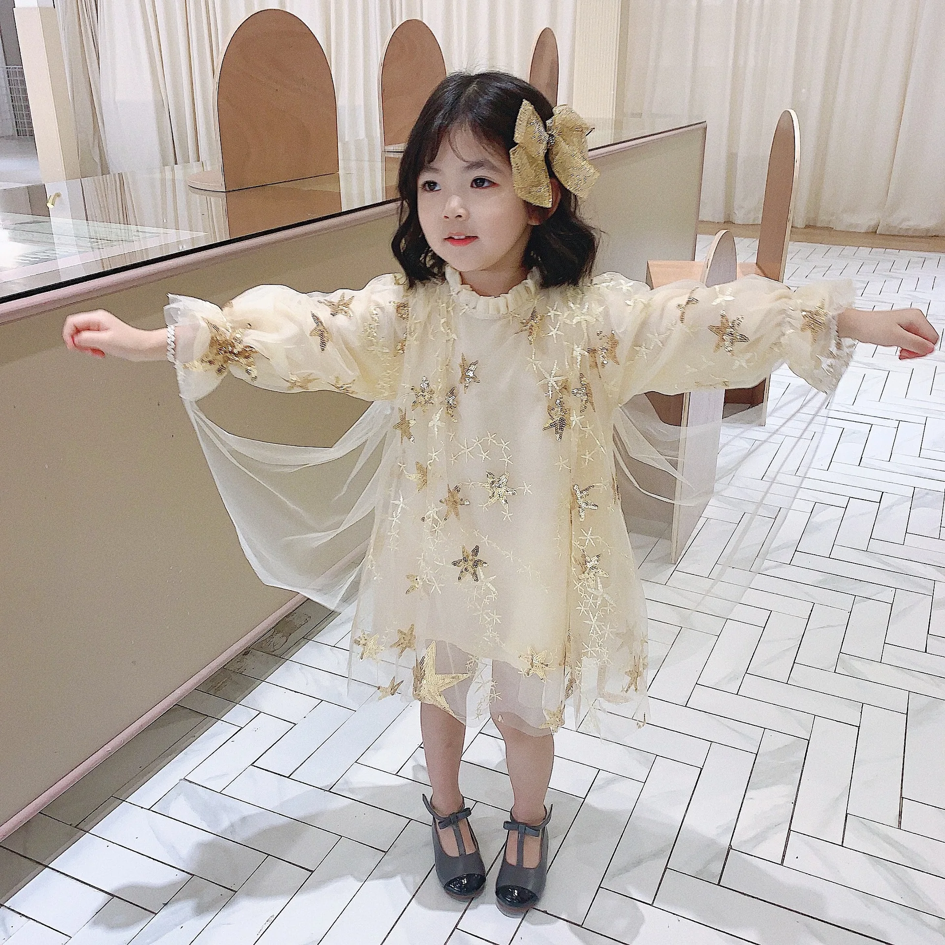 Spring Autumn Baby Girls Star Sequins Shawl Patchwork Long-Sleeved 3 Layers Gauze Dresses Kids Sweet Skirt Children Outfit 2-8Yr