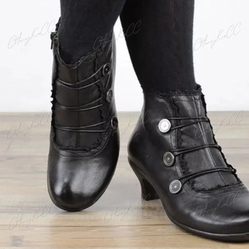 Vrouwen Middeleeuwse Steampunk Lederen Schoenen Dikke Hak Booties Cosplay Halloween Gothic Gothic Punk Retro Anime Laarzen Fiesta Wizard