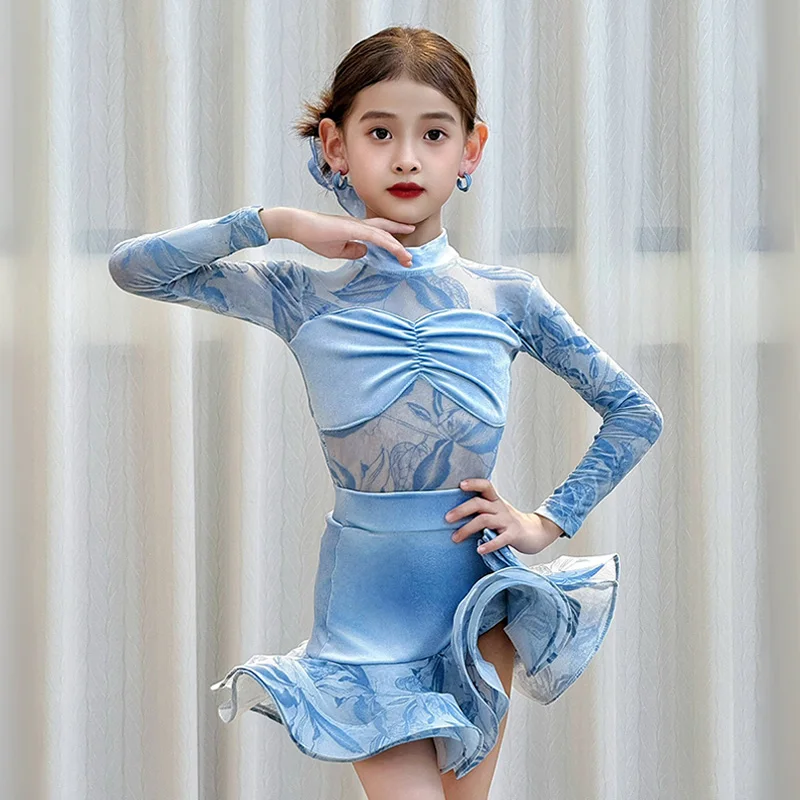 Nuovo vestito da ballo latino vestito da prestazione per ragazze Cha Cha Rumba abbigliamento manica lunga vestito da ballo blu tuta per bambini gonna set VDL4331
