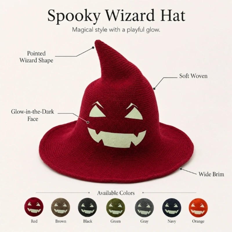 Glowing Face Witch Hat with Pointed Design, Wide Brims and Soft Polyester, Cosplay Headwear for Halloween Costume Styling,