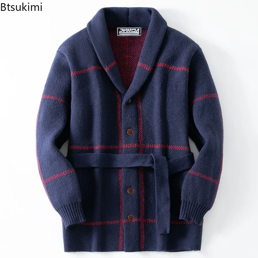 

Мужской винтажный свитер полосатый утепленный вязаный кардиган на пуговицах со шнуровкой модный жаккардовый свитер средней длины пальто для мужчин