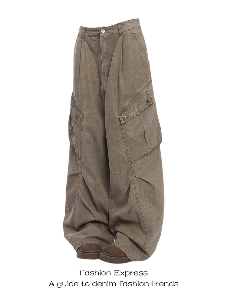 

Retro Brown Pleated Large ket Workwear Denim Pants Women's Loose Straight Leg Floor-Length Trousers Autumn Trend High Wais...