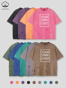 Customized The Logo DIY Pattern Cotton Washed Holes T Shirt Woman Oversize Y2K T-Shirt Summer Hip Hop Top All-Match Short Sleeve