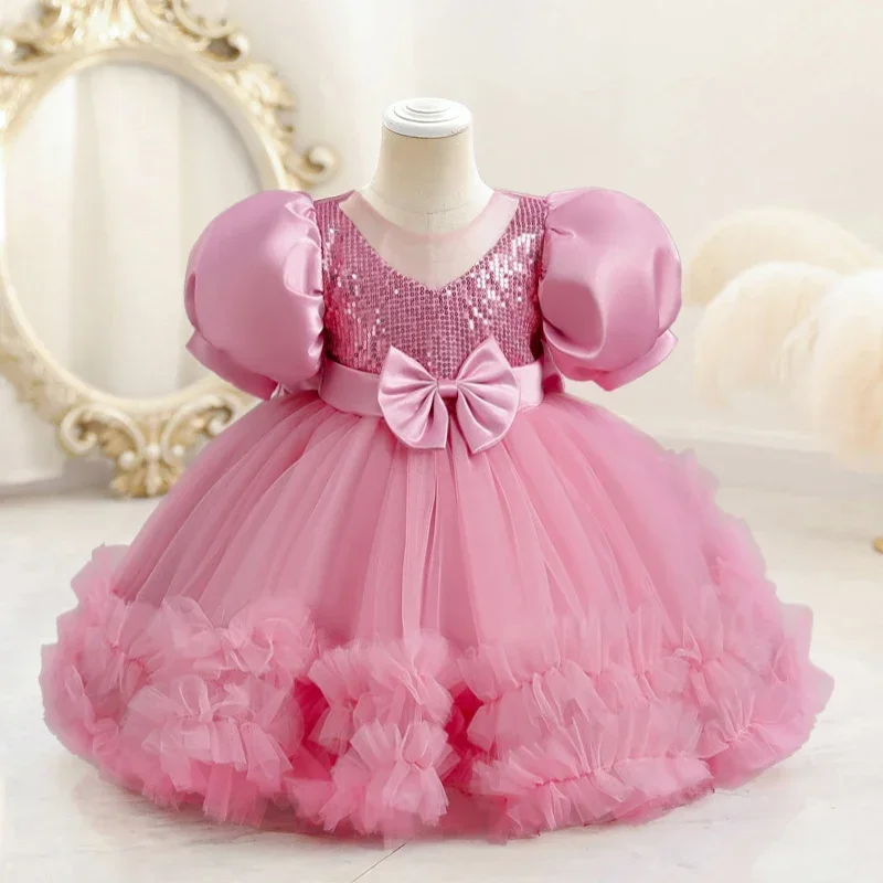 Bowknot Birthday Party Dress for Girl Puff Sleeve Elegant Kids Appliques Princess Dress Sequins Wedding Holiday Baby Girls Dress