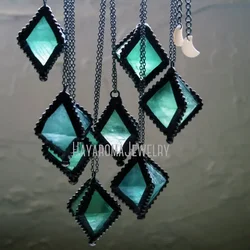 10pcs Green Fluorite Octahedron Necklace Natural Crystal Gemstone Pendulum Halloween Chain Goth Stainless Steel Collar Jewelry