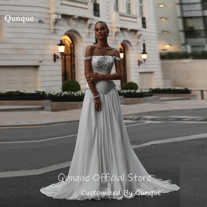 Qunque Delicate Bling Pearls Wedding Dresses A Line Floor Length Abiyeler Düğünlük Flowy Bridal Evening Dresses Customized