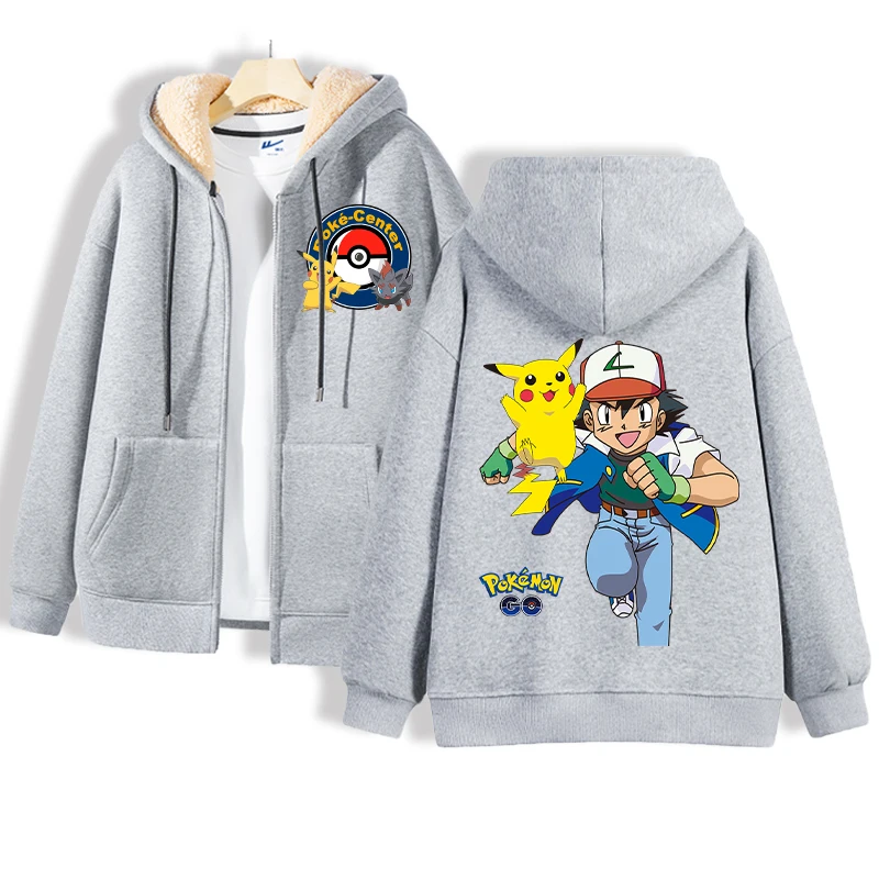 Pokemon Lamb Wool Coat for Men Women Pikachu Anime Cartoon Fashion Zipper Hooded Jacket Boys Girls Winter Warm Hip Hop Coats