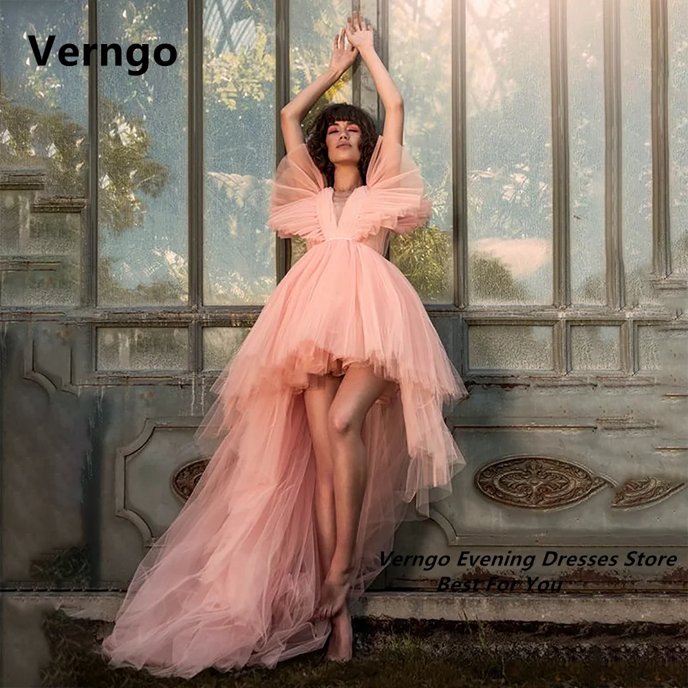 

Verngo Deep V Neck Party Dress High/Low Tulle Pricess Ball Gown Long Short Sleeves Dress For Special Events Custome Color