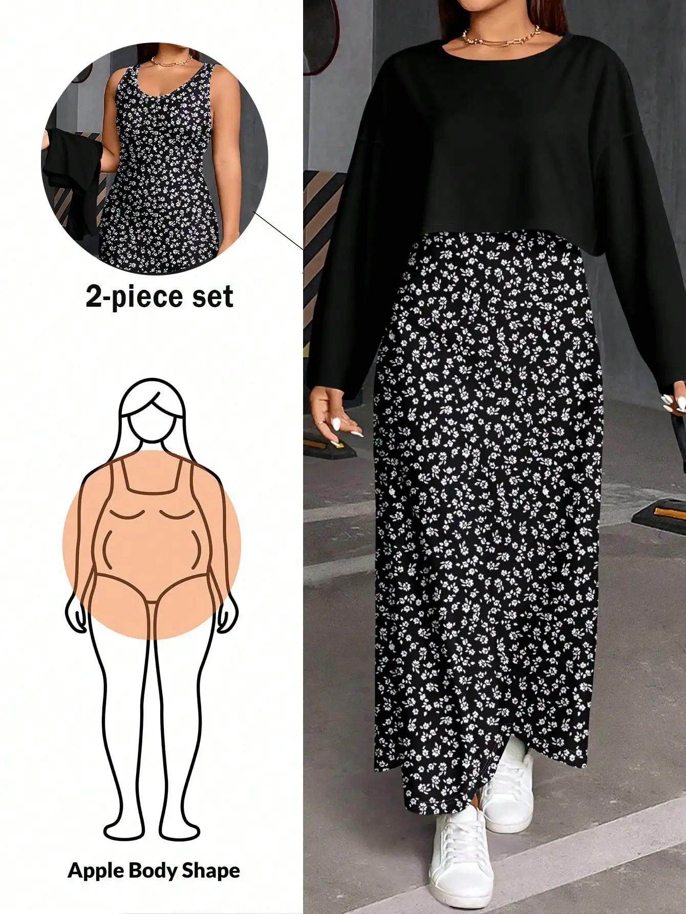 

2-Piece Set: Black Floral Maxi Skirt & Cropped Long Sleeve Top for Apple Shape