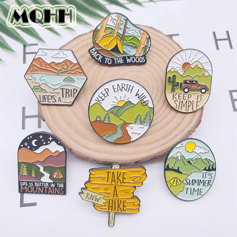 Creative Outdoor Travel Landscape Map Enamel Pins Road Sign Tent Mountain Peak Sunrise River Automobile Alloy Brooch Jewelry