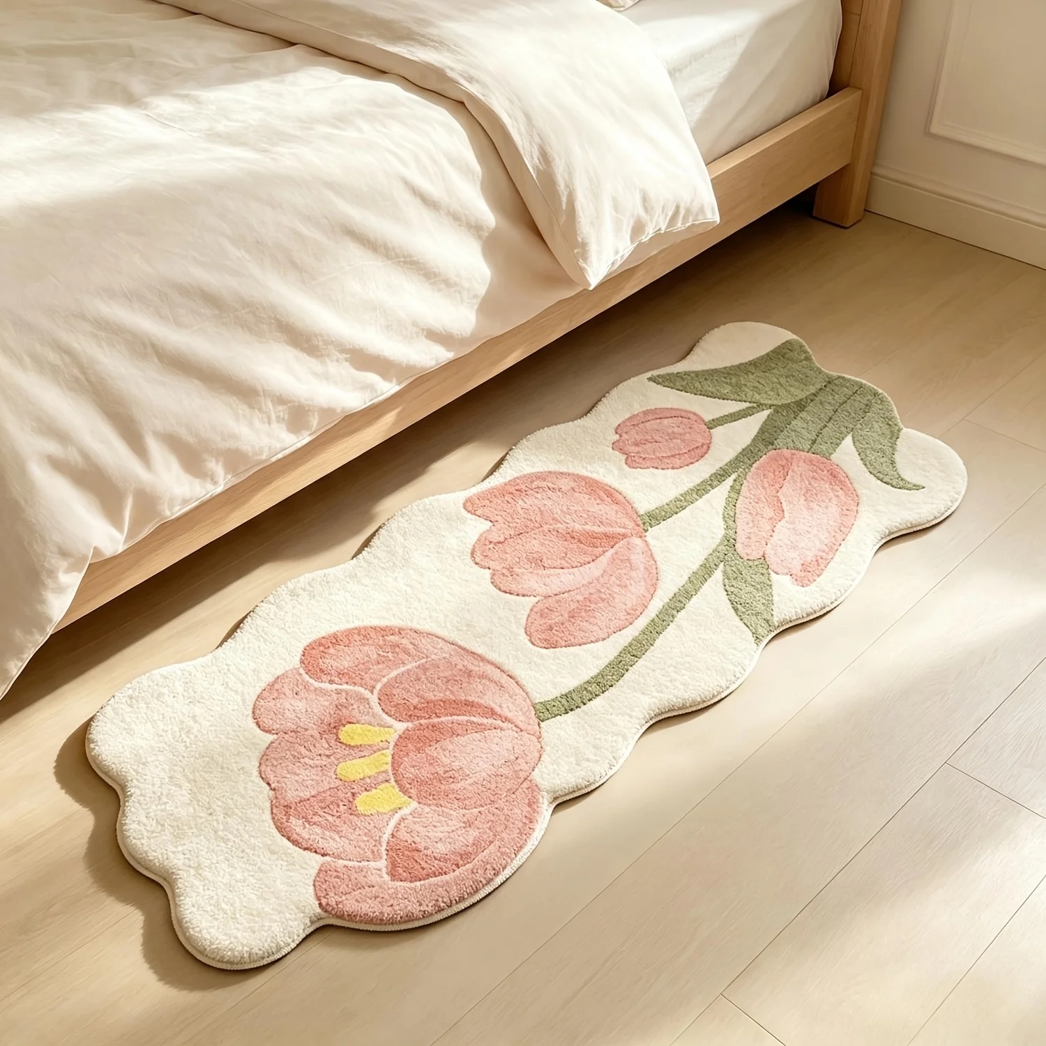 VIKAMA Three Flowers Pattern Runner Rug for Bedroom, Soft Flannel Bedside Floor Mat, Anti Slip Non Fatigue Doormat, Home Decor