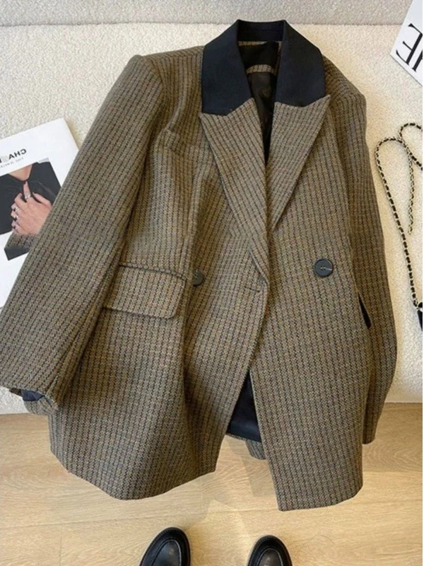 

Large Size 300 Pounds Retro Plaid Woolen Men's Suit Autumn Winter Color Block Patchwork Jacket Youthful Casual American Style