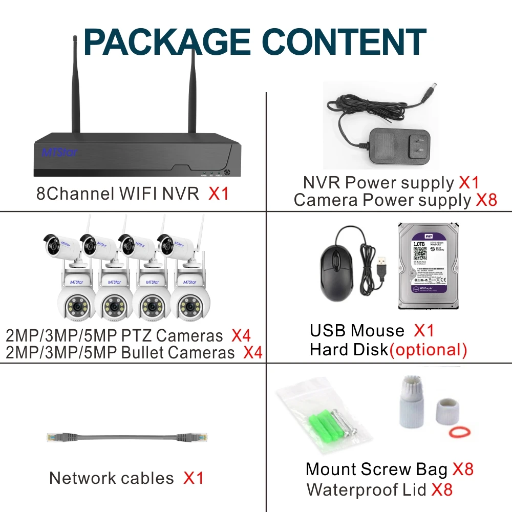 MTStar 8PCS Wireless WiFi Camera System Kit Humanoid Detection Two Way Audio Color Night Vision Surveillance Security NVR TSEye