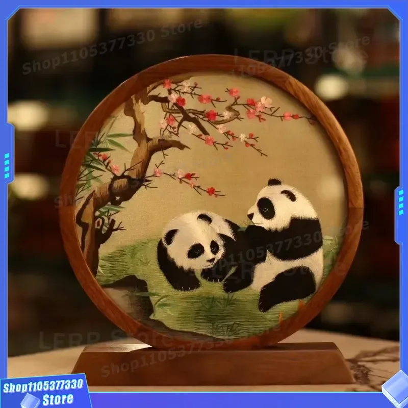 Handmade Wooden Table Ornament with Exquisite Peony and Animal Embroidery Chinese Style Home Desktop Decoration Craft Gift