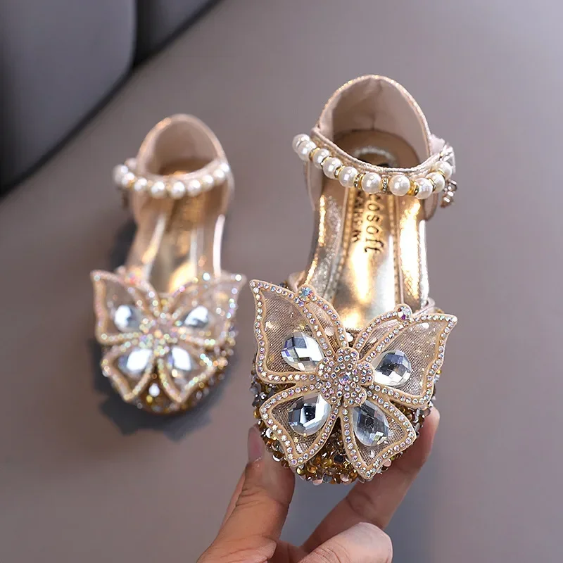 Children\'s Princess Shoes Girls Sandals Butterfly Pattern Pearl Stitching Thread Rhinestone Soft Flat Shoe Fashion Cute Non Slip