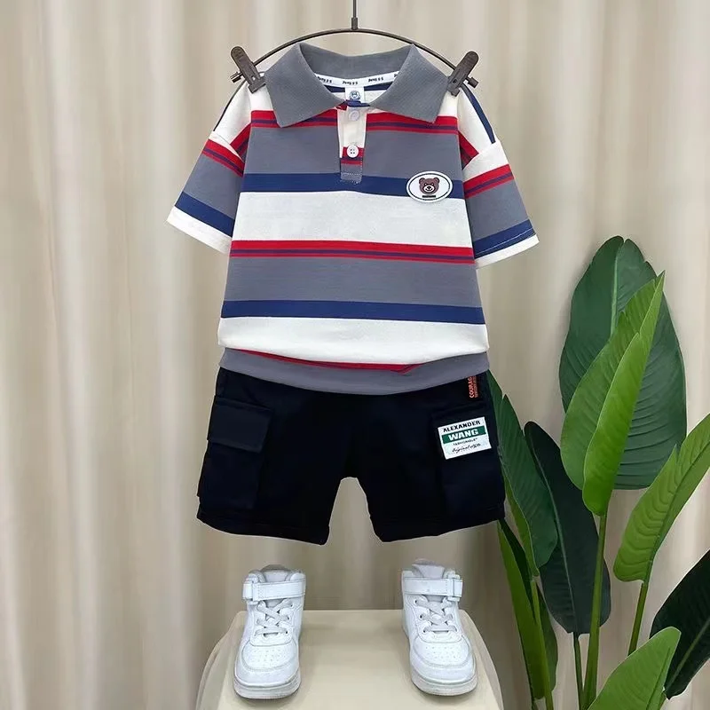 New Fashion Kids Summer Clothes Turn-downs Collars Striped Short Sleeve Shirt+Shorts 2PCS Baby Boy Outfit Casual Sport 1-8Y Suit