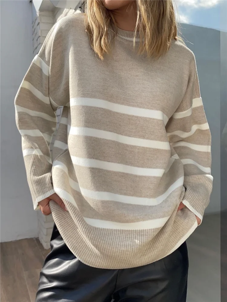 REALEFT Autumn Winter Elegant Striped Oversize Women\'s Sweater 2023 New O-Neck Long Sleeve Casual Loose Knitwear Sweaters Female