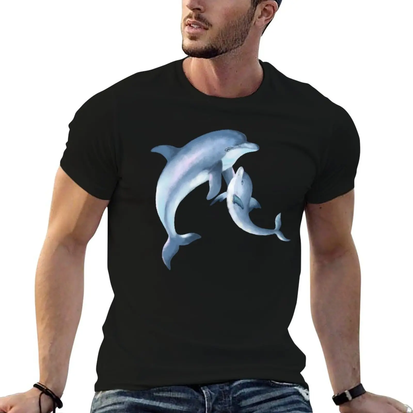 

Watercolor dolphin mom T-Shirt man t shirt cotton high quality cotton t shirts man 100% T-Shirt