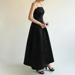 Newest Black Satin Wedding Dresses Sexy Spaghetti Straps Backless Evening Dress Elegant A-line Long Bridal Dresses Customized