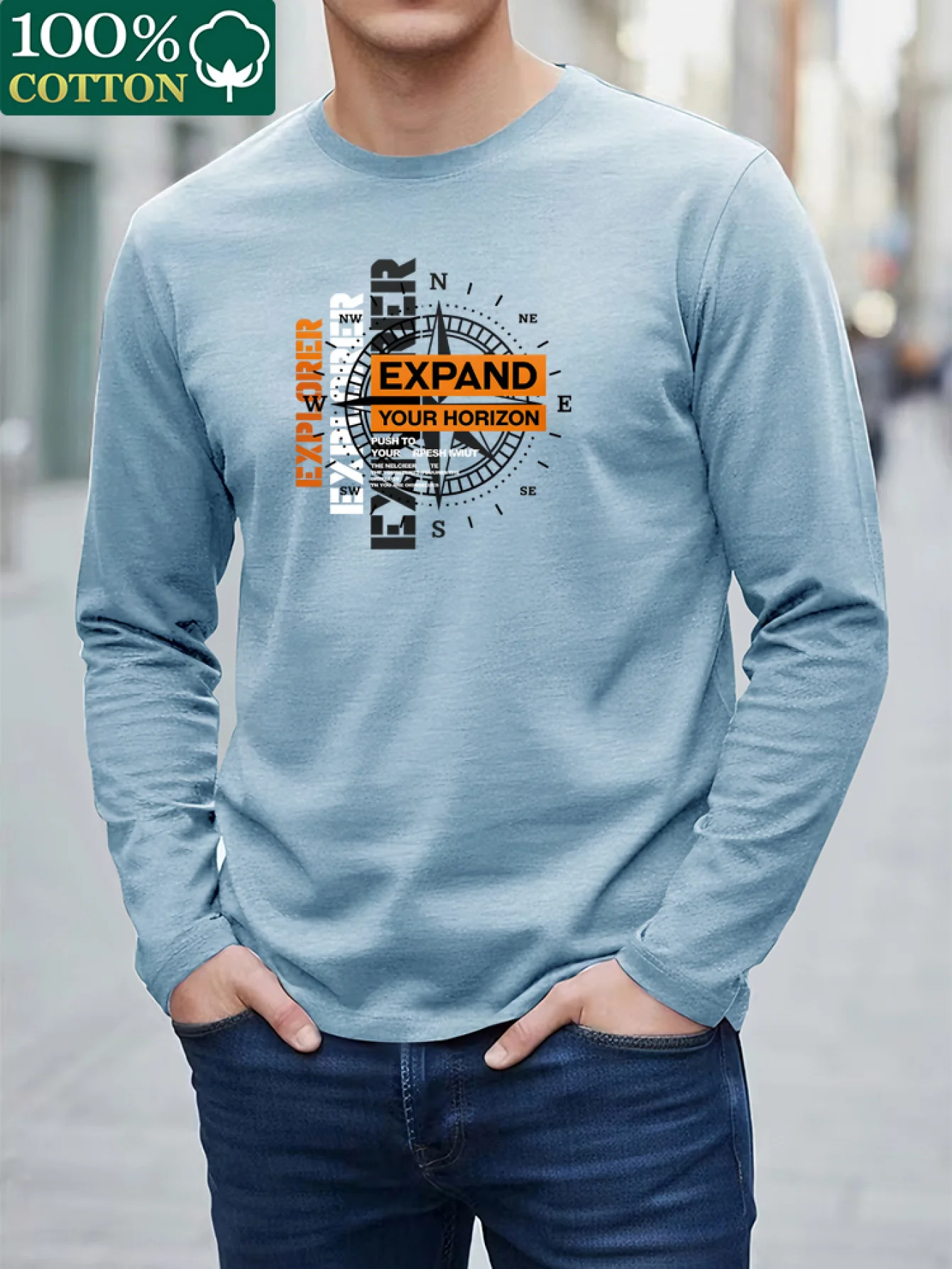Mens 100 Pure Cotton Long Sleeve T Shirt Milan Italian Pattern Print Crew Neck Standard Size Machine Washable Comfortable Fashio