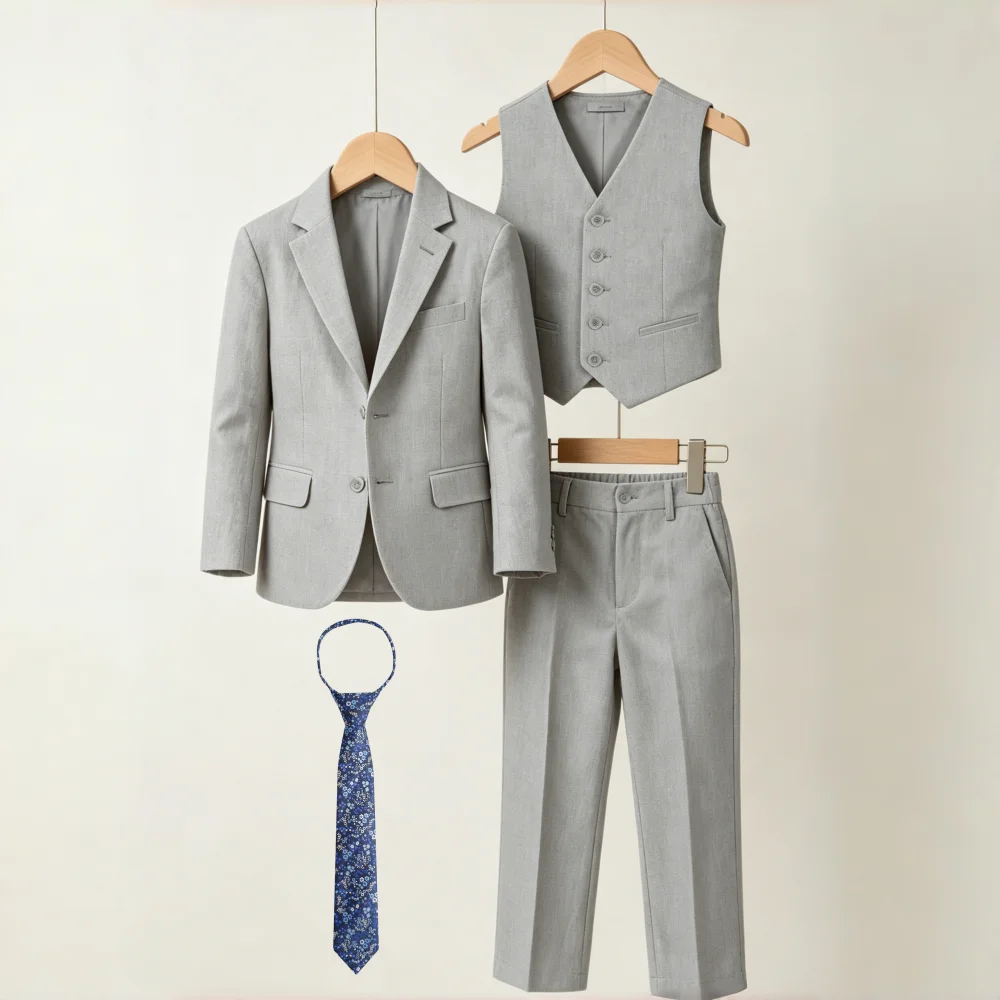 4Pcs Boys Linen Suit Set Kids Grey Blazer Vest Pants Necktie Outfit 3-14T Children Costume Wedding Birthday Recital Formal Suit
