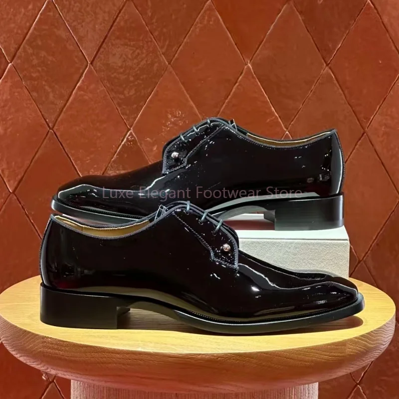 

Men's Black Lace Up Square Toe Oxford Shoes Sliver Decor Patent Leather Low Heels Dress Shoes Luxury Formal Business Office Shoe