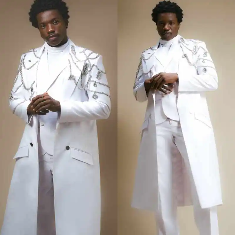 

Luxury Crystal Men Suits 3 Pieces Single Breasted Peaked Lapel Long Blazer Sets Customized Formal Office Jacket Wedding Tuxedos